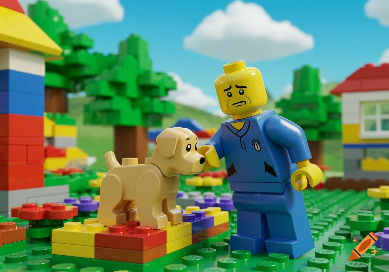 A sad Lego man in a blue uniform stands next to a tan Lego dog in a colorful Lego landscape with buildings and trees under a blue sky.