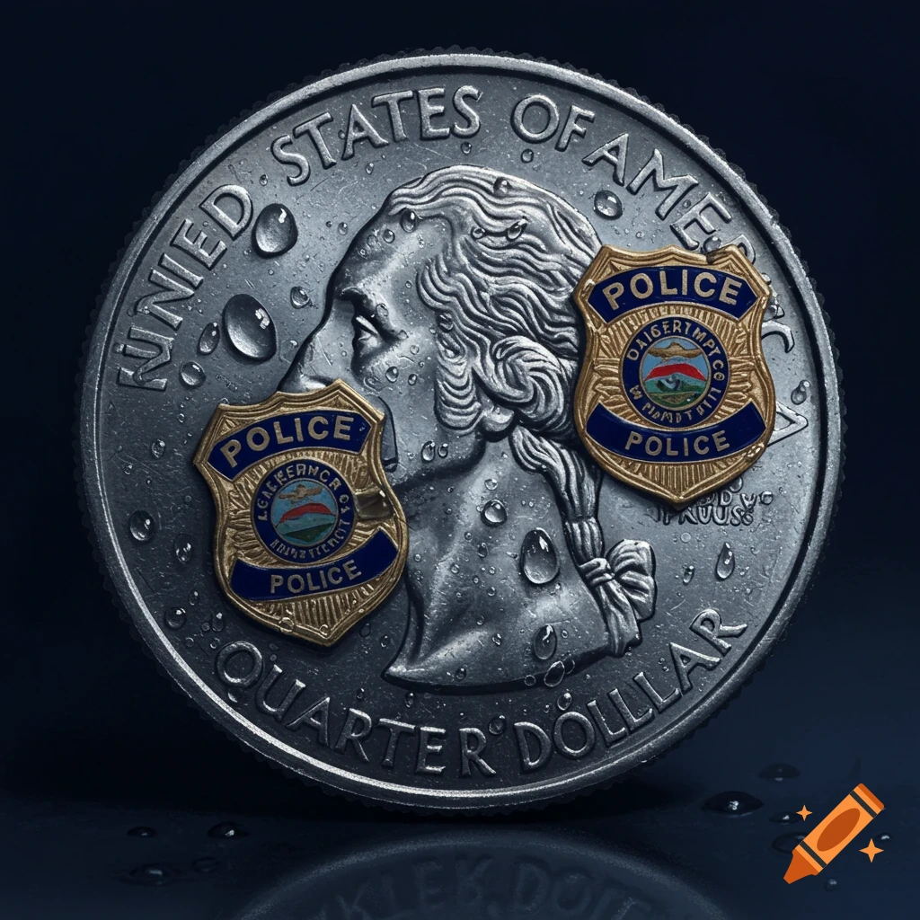 A close-up, photorealistic image of a wet U.S. Quarter Dollar coin with two gold and blue police badges resting on its surface.
