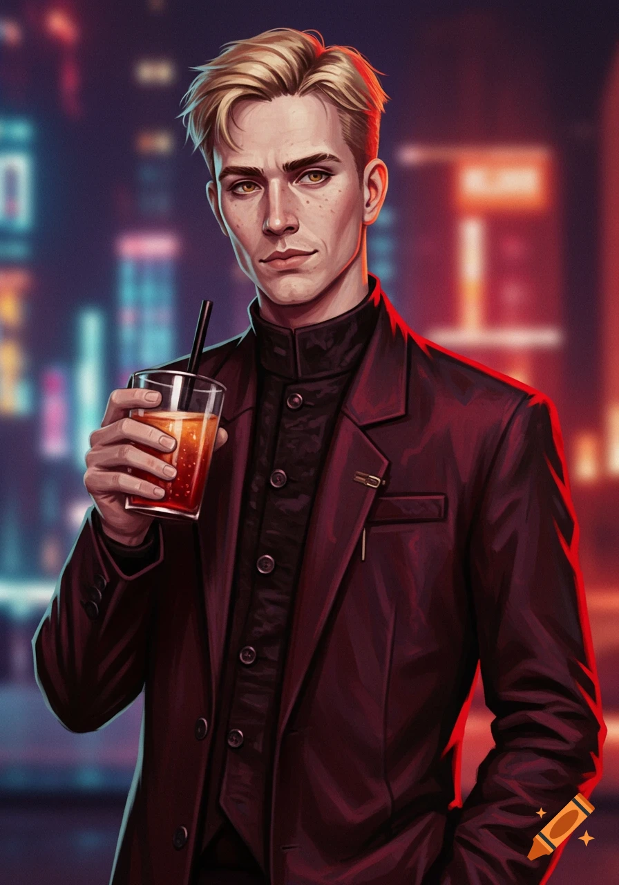 A serious-looking man with blonde hair in a dark red suit holds a drink against a blurry cyberpunk city background, digital art.