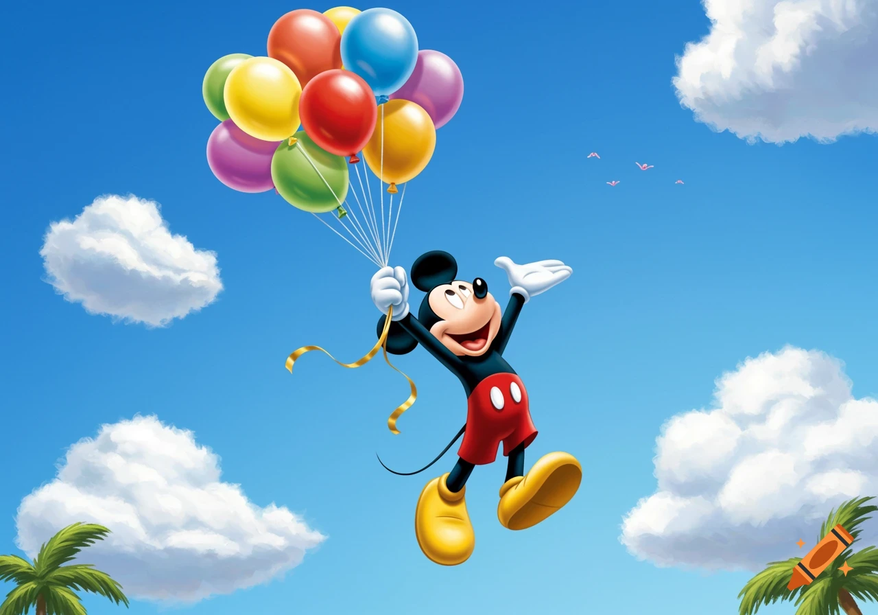 Mickey Mouse flies happily through a bright blue sky, holding a large bunch of colorful balloons.