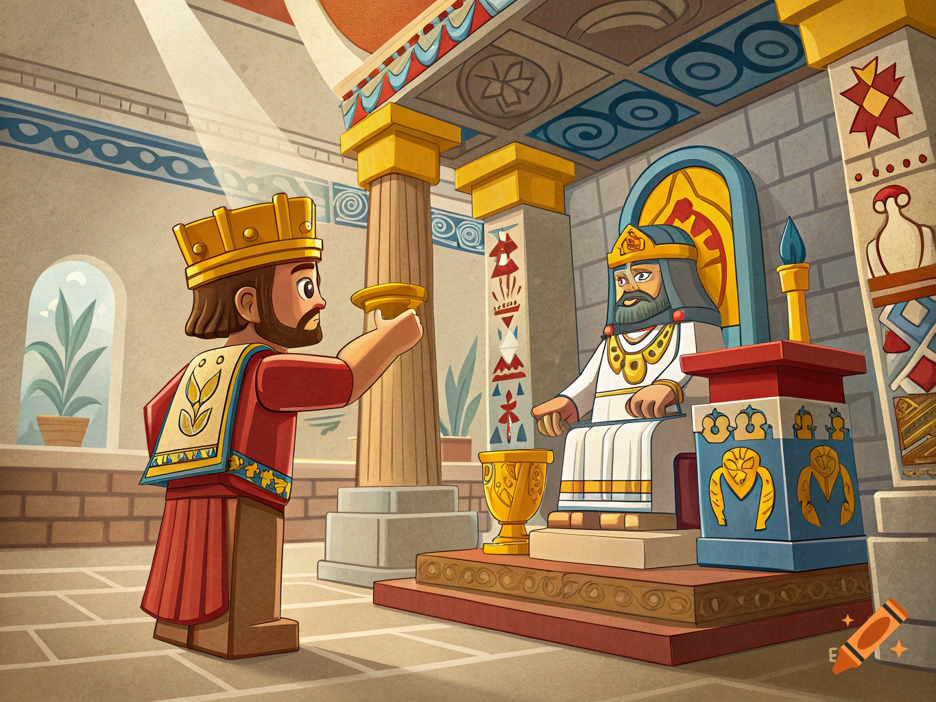 A LEGO-style king in a red robe offers a golden bowl to another LEGO-style king on a throne in a temple.