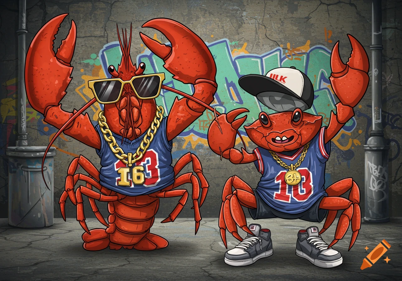 Cartoon lobster and crab in hip-hop clothes, wearing jerseys and jewelry, against a graffiti wall.