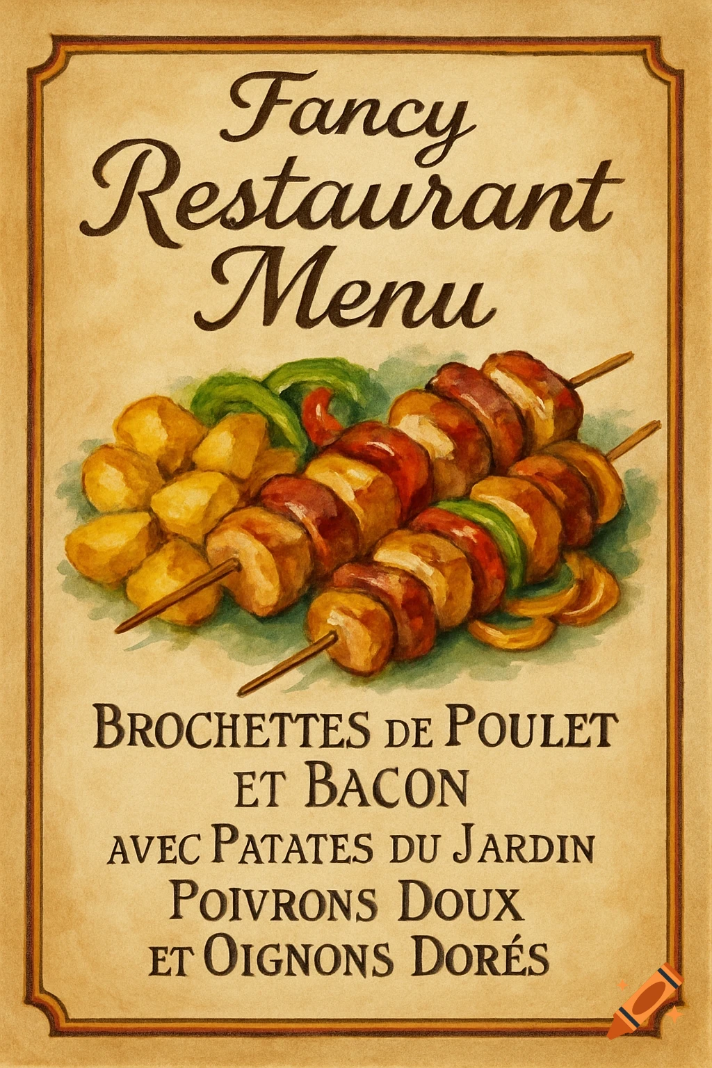 Vintage style menu illustration featuring two skewers of chicken and bacon, roasted potatoes, peppers, and onions.