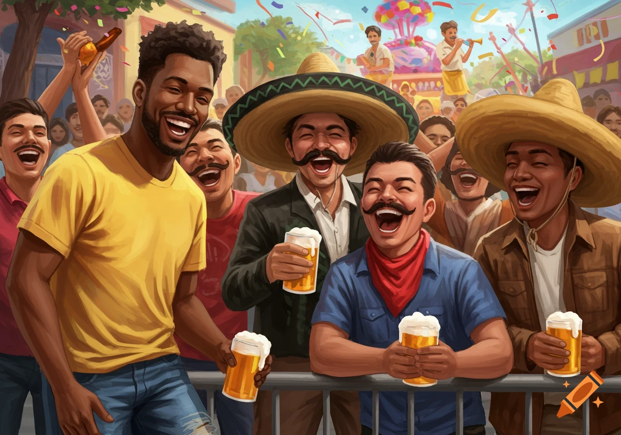 A diverse group of men laugh and drink beer at a festive parade with confetti and vibrant decorations.