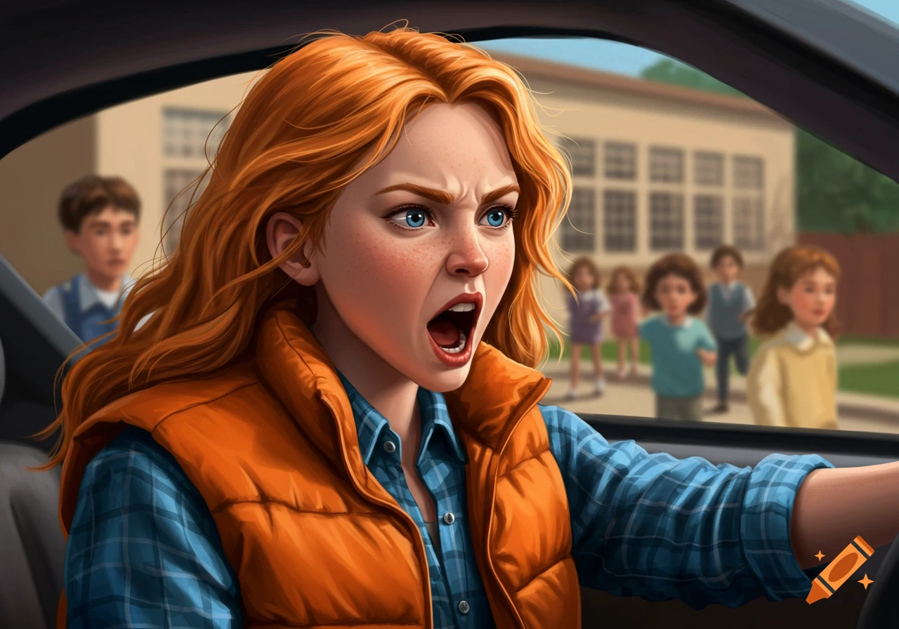 A red-haired girl with blue eyes shouts angrily while driving a car past an elementary school, in a digital illustration.