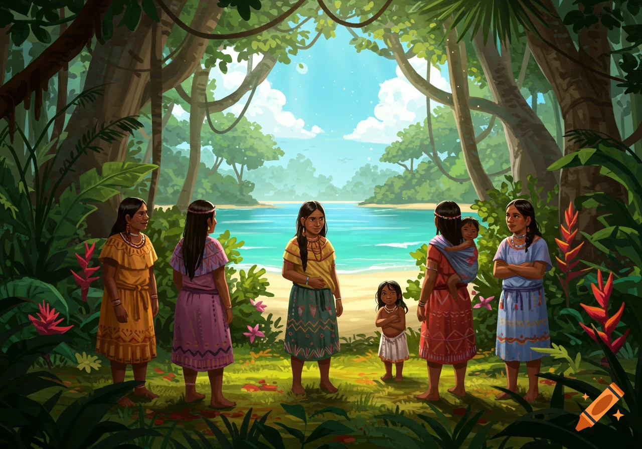 An illustration of indigenous women and children standing in a lush jungle clearing, overlooking a bright blue ocean and sandy beach.