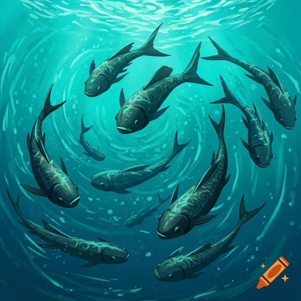 Illustrated dark fish swimming in a circular pattern in swirling turquoise-blue water with light filtering from above.