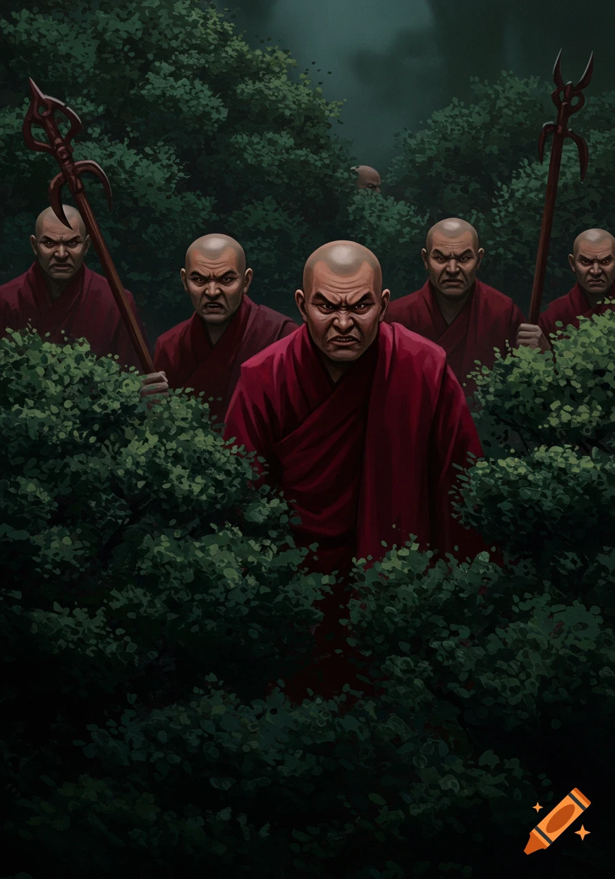 Illustrated scene of threatening bald monks in red robes hiding in dense green bushes in a dark forest.