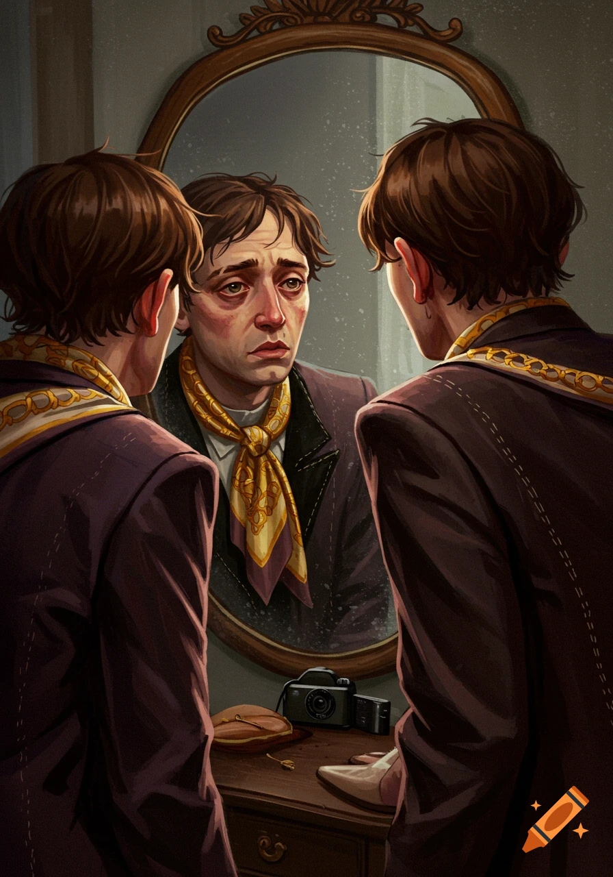 A man in a suit with a distressed expression stares into an ornate oval mirror, reflecting his image.