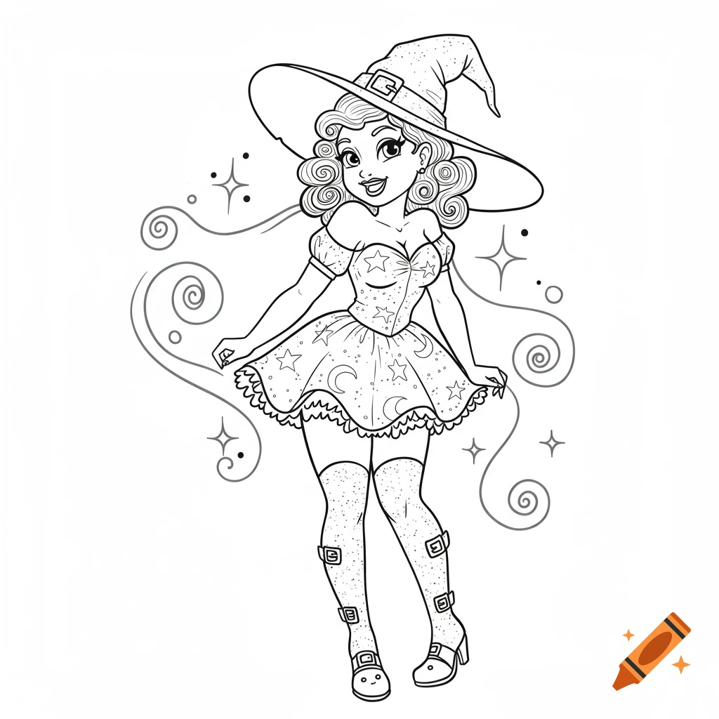 Black and white line art of a vintage-style pinup witch in a short dress and a pointy hat, surrounded by sparkles.