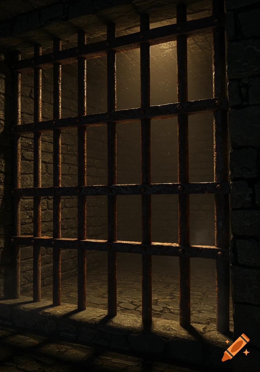 Rusty metal prison bars in a dark, stone medieval dungeon with light filtering from above.