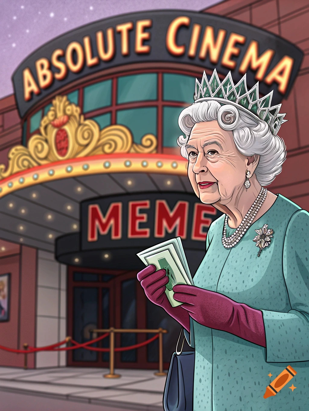 Illustration of Queen Elizabeth II in front of a cinema called 'Absolute Cinema', holding money and wearing a crown.
