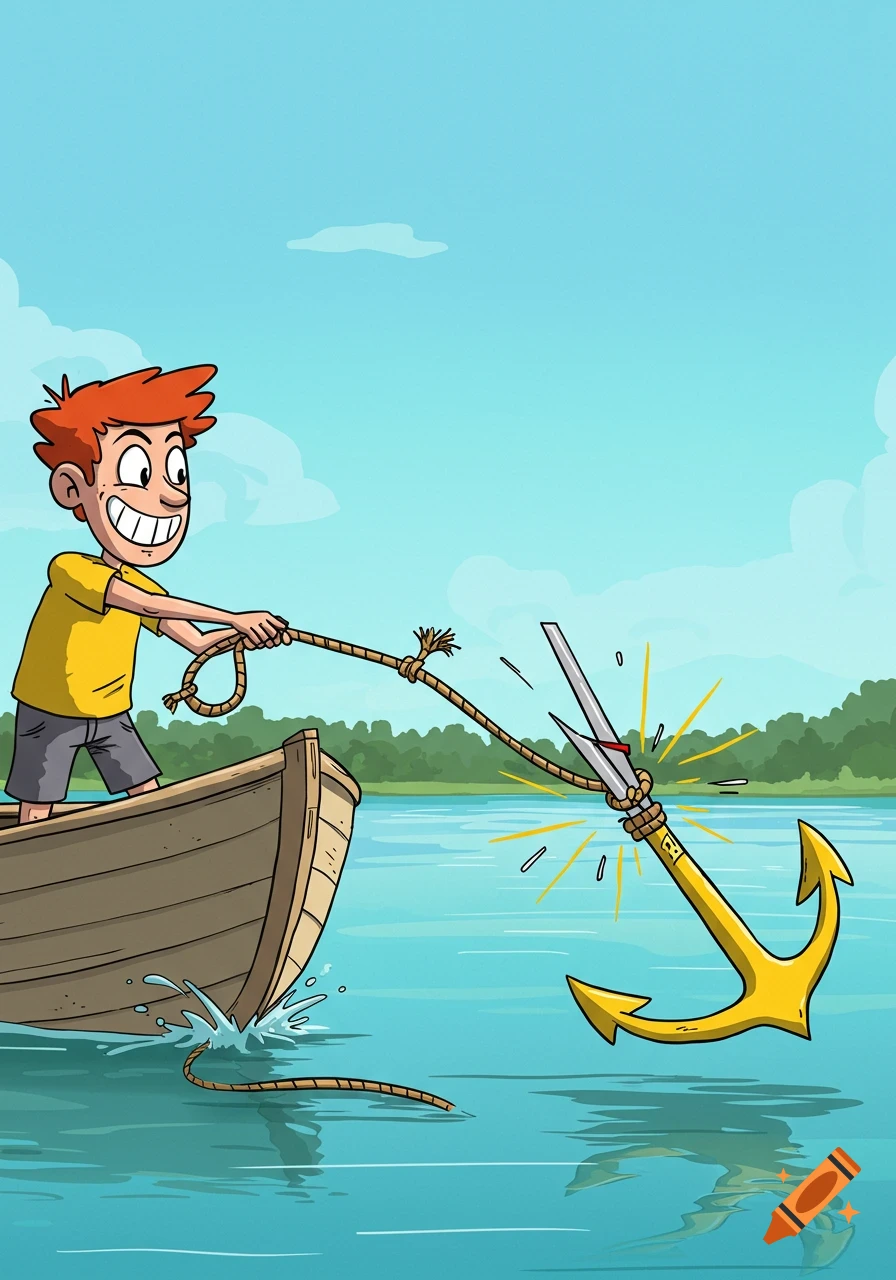 A cartoon boy in a boat pulls a rope as a golden anchor breaks in the water, under a blue sky.