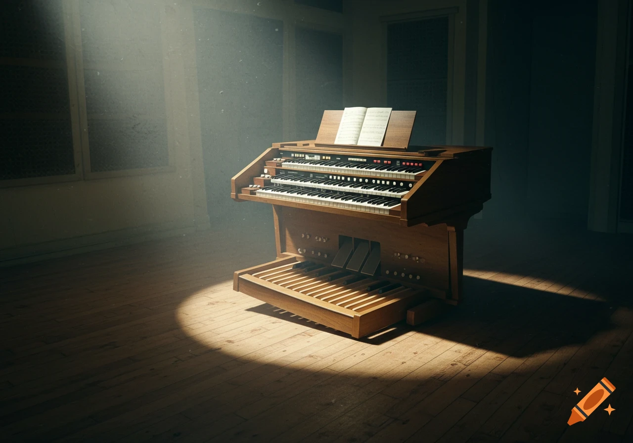 A photorealistic image of a vintage Hammond organ in a dimly lit room, illuminated by a spotlight.