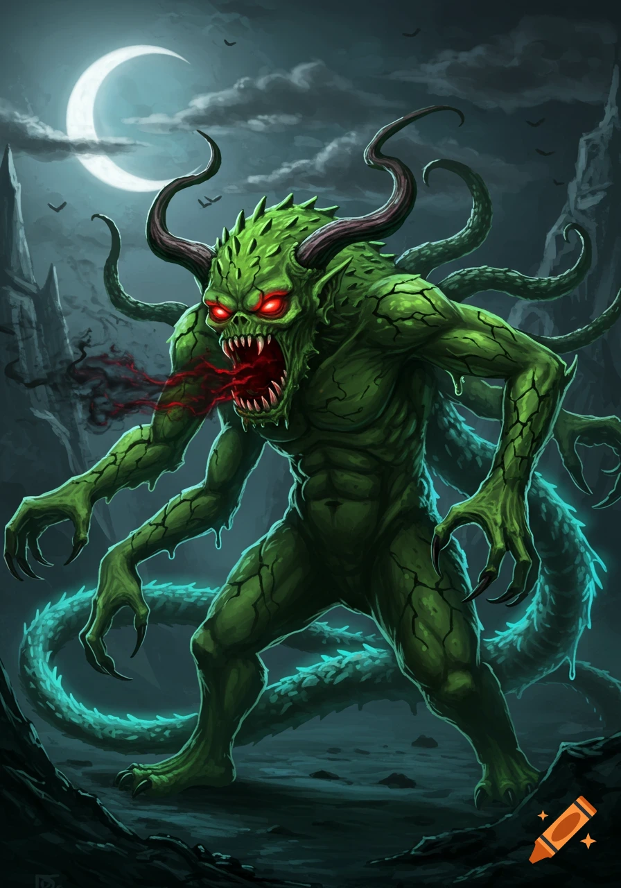 A green monster with glowing red eyes, horns, and multiple tentacles, spewing dark smoke under a crescent moon in a dark, rocky landscape. Stylized fantasy illustration.