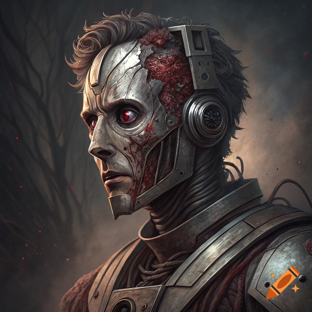 A close-up of a partially human, partially metallic cyborg face with exposed bloody flesh and glowing red eyes, in a dark, atmospheric style.