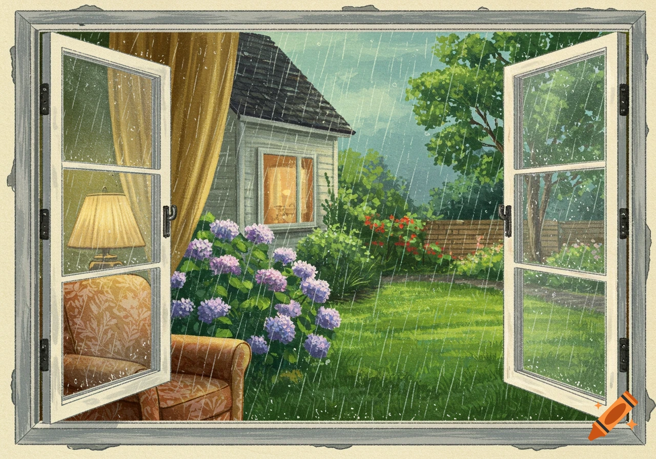An illustration of a view from an open window into a garden during a rainy day. Inside, a lamp and armchair are visible.