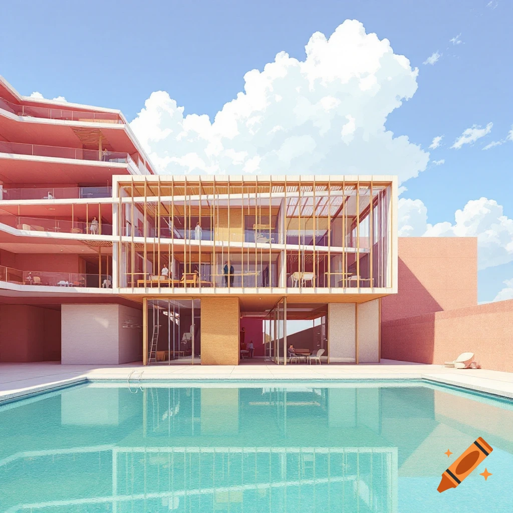 Modern building with red and white facades, large windows, and a swimming pool, under a blue sky with clouds.