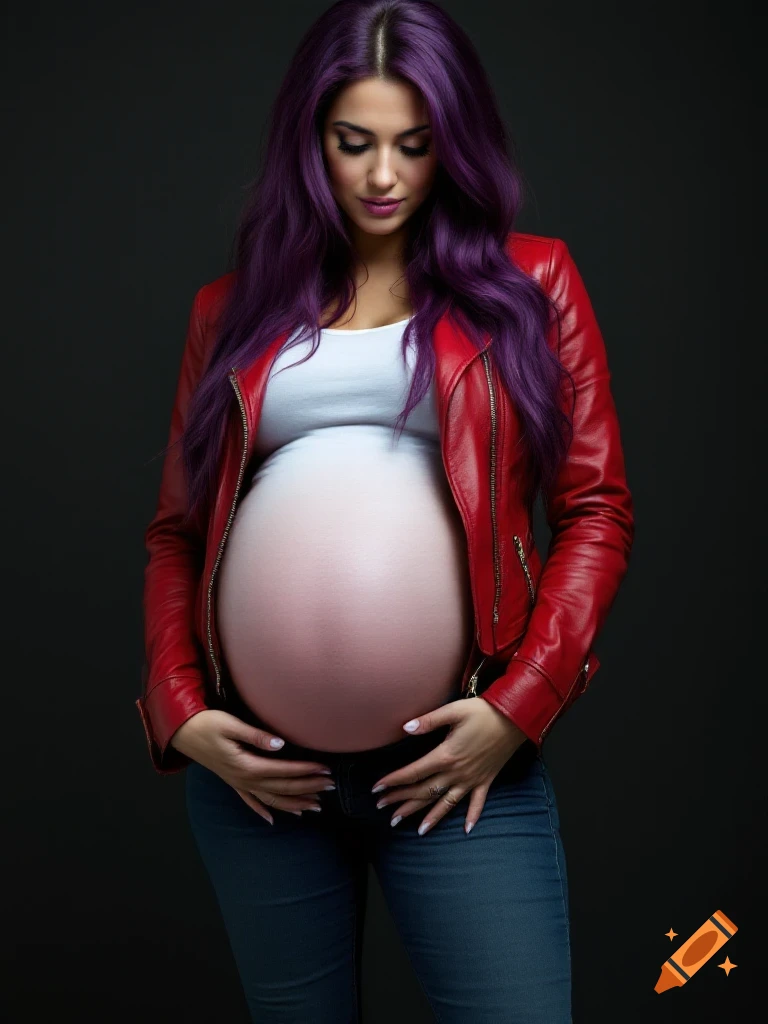 Photorealistic portrait of a pregnant woman with purple hair, red leather jacket, white top, and jeans, hands on her bump.
