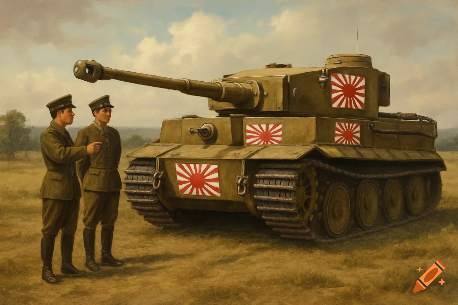 A painting of two Japanese officers inspecting a Tiger Tank adorned with Japanese Rising Sun flags in a grassy field under a cloudy sky.