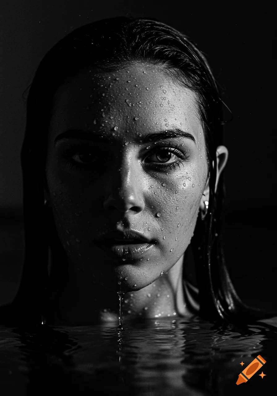 Black and white close-up portrait of a woman emerging from water, her face and hair wet with droplets, under dramatic lighting.