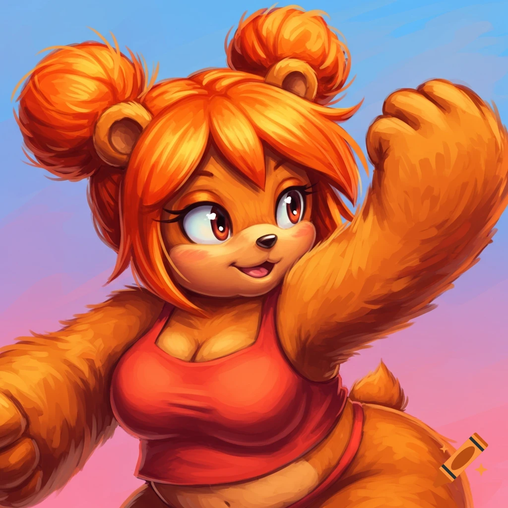 An anthropomorphic orange bear character with bright orange hair styled in two buns, smiling and raising her arm while wearing a red tank top.