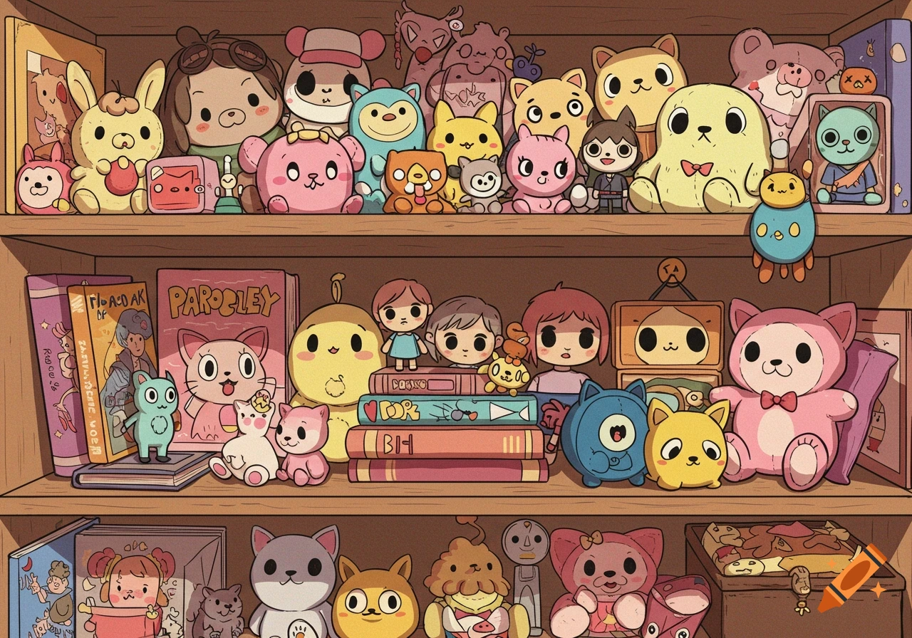 A bookshelf filled with various colorful, cute cartoon stuffed animals, figurines, and books in a whimsical style.
