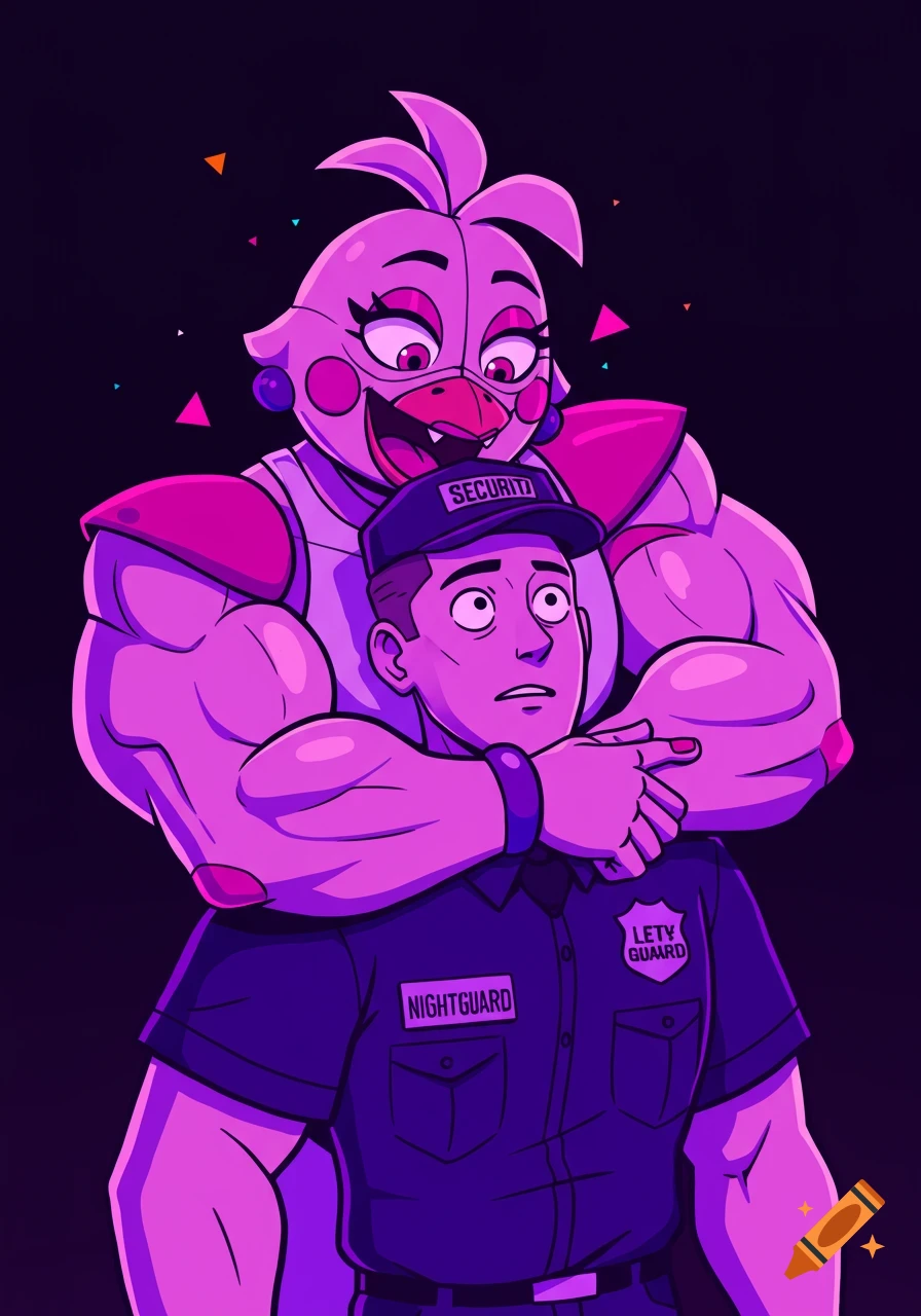 A muscular pink Funtime Chica animatronic hugs a scared male nightguard from behind, both with exaggerated muscular bodies, against a dark background with pink and orange geometric shapes.