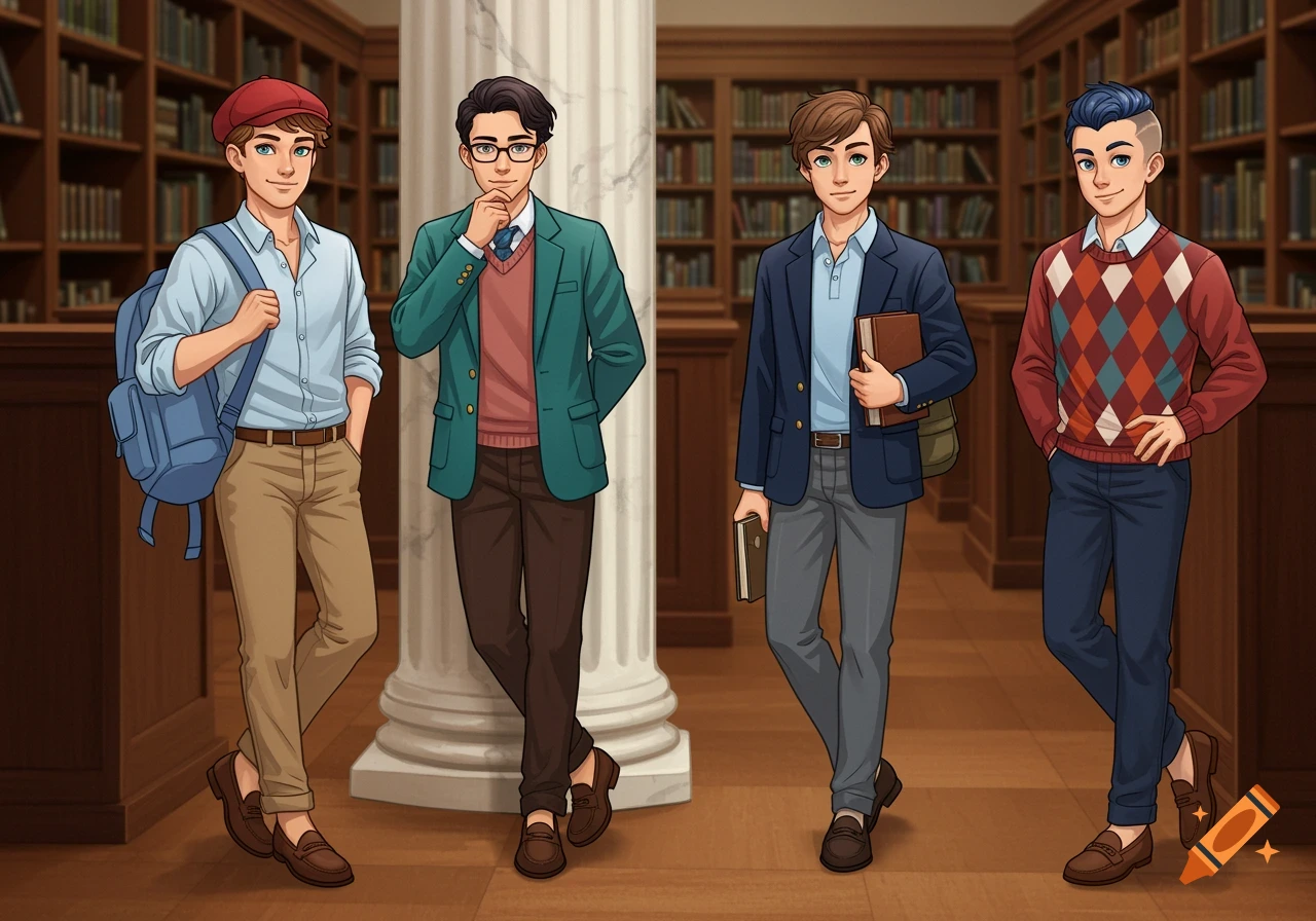 Four stylized anime teenage boys in preppy outfits posing in a library.