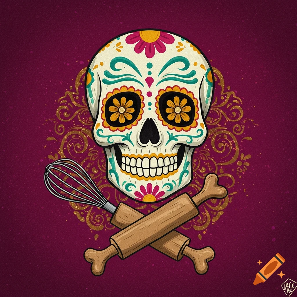 A colorful sugar skull with a whisk and two rolling pins crossed below it, against a dark magenta background with gold filigree.
