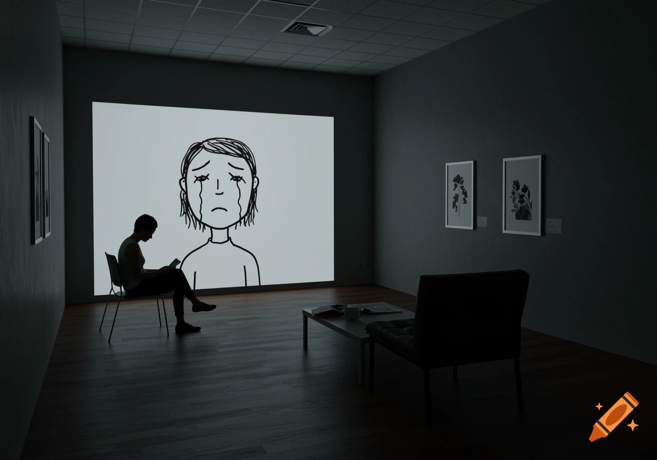 A person sits in a dimly lit art gallery, observing a large projected black-and-white cartoon drawing of a crying face.