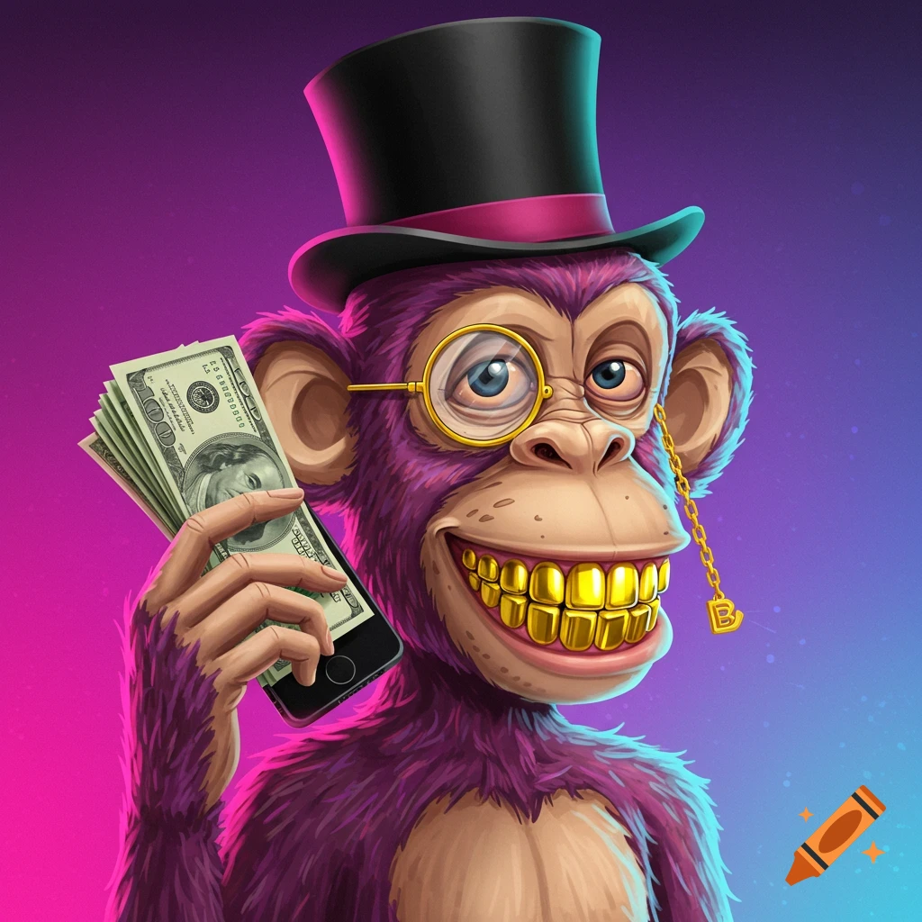A cartoon monkey with purple fur, wearing a black top hat and monocle, smiling to show gold grills, holding a wad of cash to its ear like a phone.