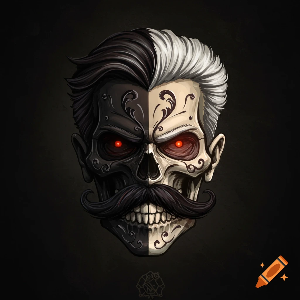 Stylized skull emblem with half black and white hair, a mustache, and glowing red eyes on a dark background.