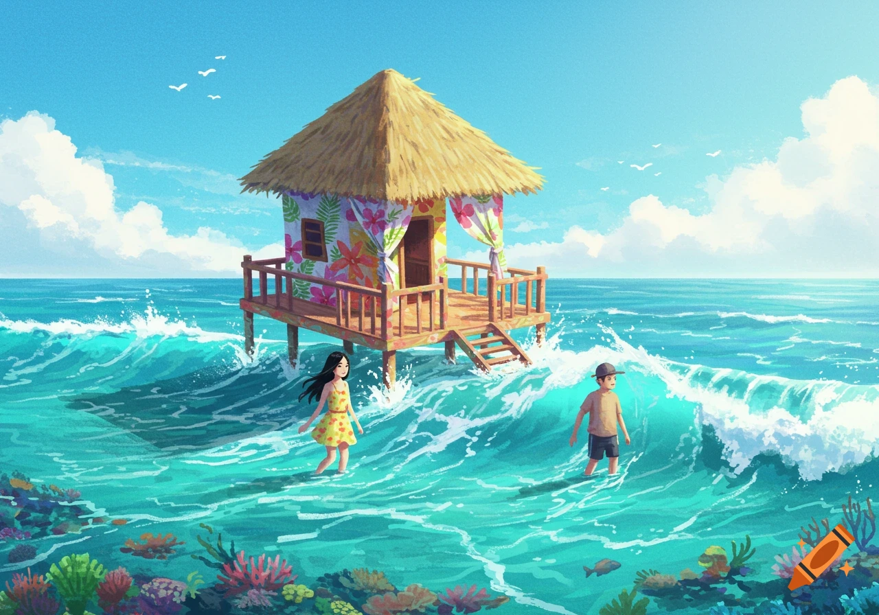 An illustration of a colorful stilt house in the clear turquoise ocean with large waves and two children wading, surrounded by coral.