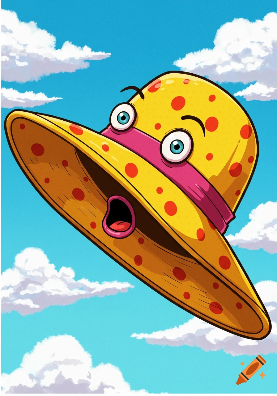 A cartoon yellow polka dot hat with large eyes and an open mouth, appearing surprised, floating in a blue sky with clouds.