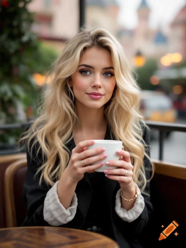 A blonde woman with curled hair holds a white coffee cup while sitting at an outdoor cafe table.