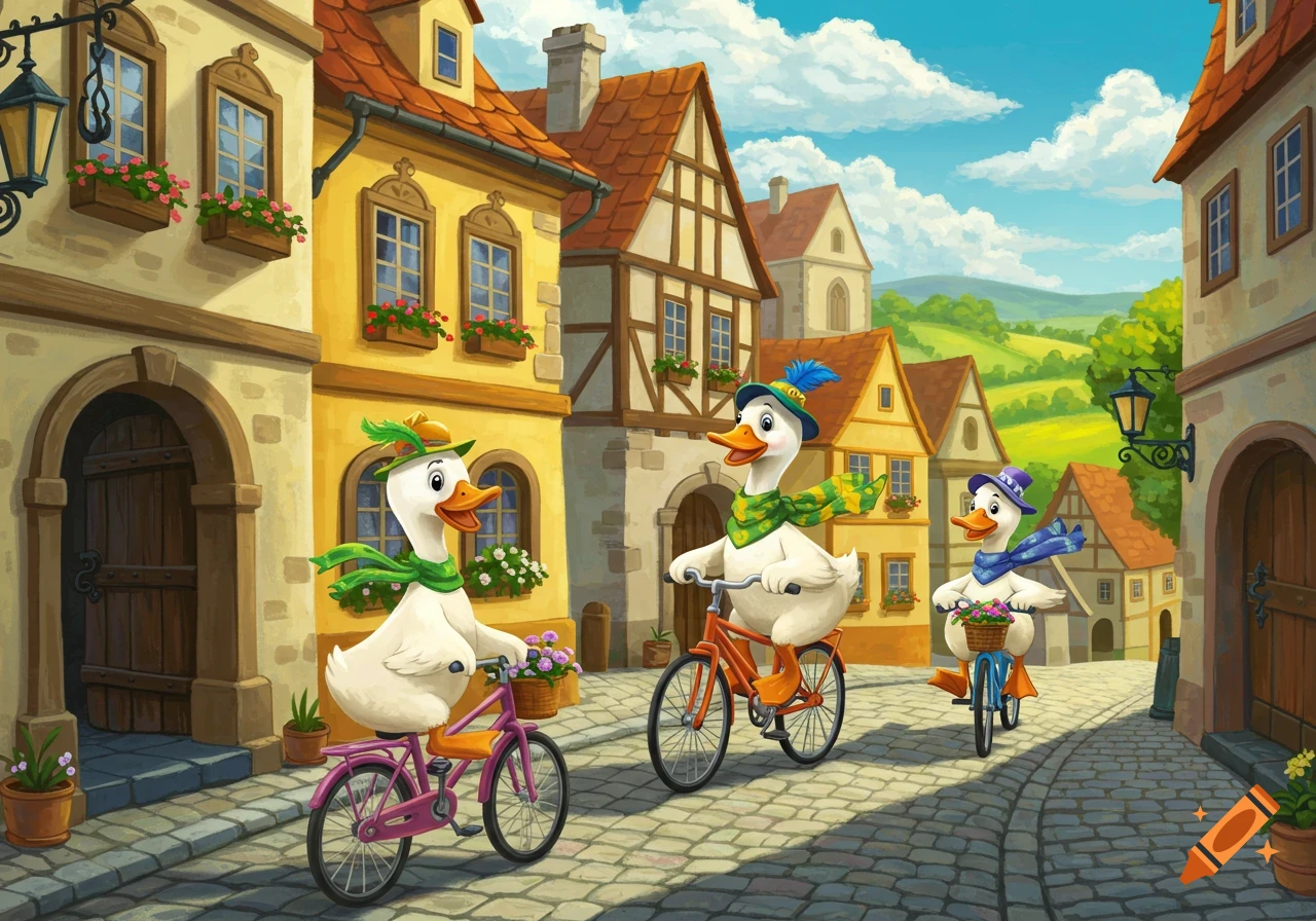 Three happy cartoon ducks wearing hats and scarves ride bicycles down a cobblestone street in a colorful medieval town.