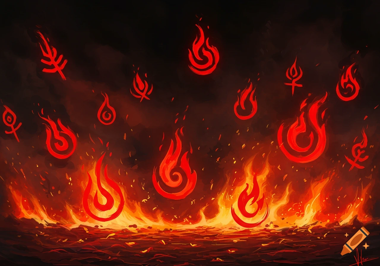 Abstract red fire symbols glow above a ground of glowing embers and dark smoke.