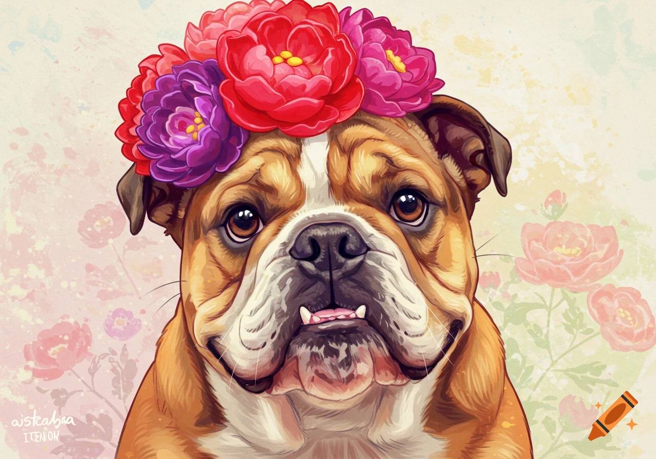 A cute illustrated bulldog wearing a crown of red and purple flowers, looking directly at the viewer.