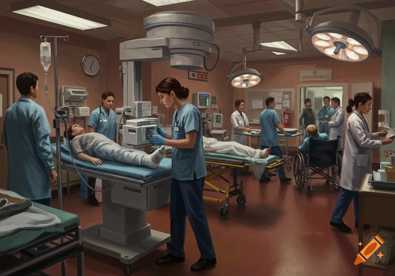 An illustrated scene of a busy hospital emergency department with medical staff and patients.
