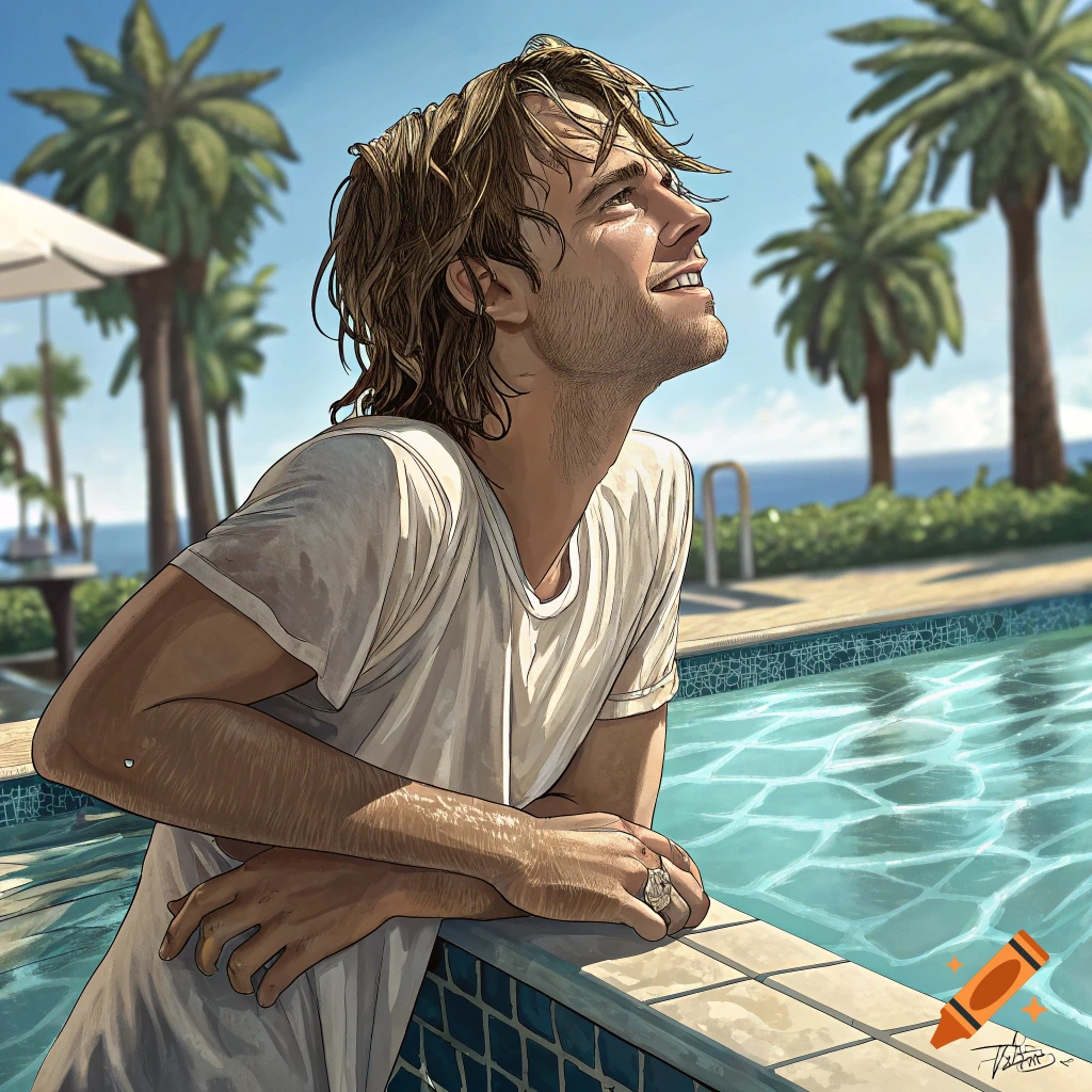 An illustration of a smiling man with brown hair leaning on the edge of a swimming pool, looking up at the sunny sky with palm trees and ocean in the background.