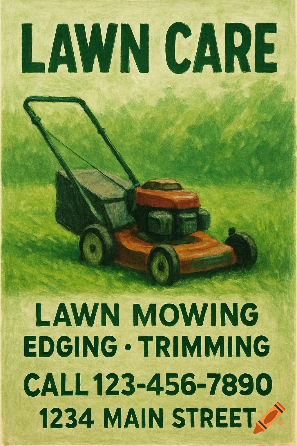 A vintage-style poster for lawn care services, featuring a red lawnmower on green grass with text 'Lawn Care' and contact information.