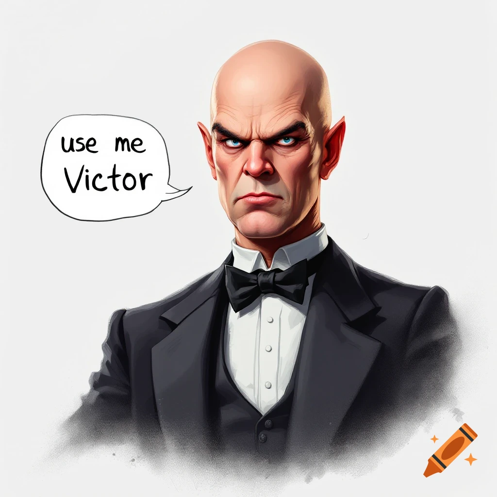 A serious-looking bald man resembling Dr. Evil in a black suit and bow tie, with a speech bubble saying 'use me Victor'. Illustrated style.