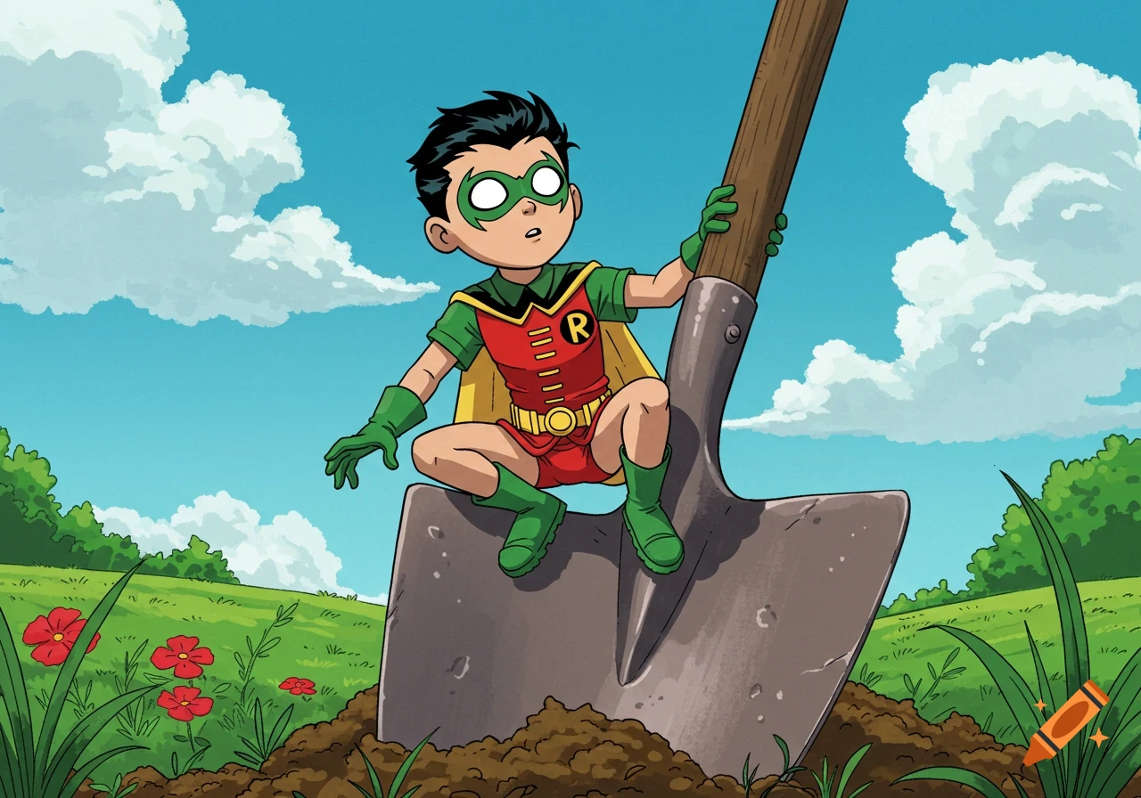 Cartoon illustration of young Robin from DC Comics sitting on a large shovel in a green garden under a blue sky.