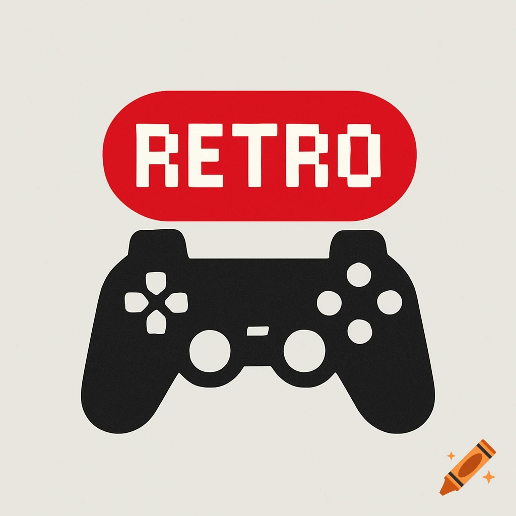A black retro video game controller with a red pill-shaped banner above it featuring pixelated white text that reads 'RETRO'.
