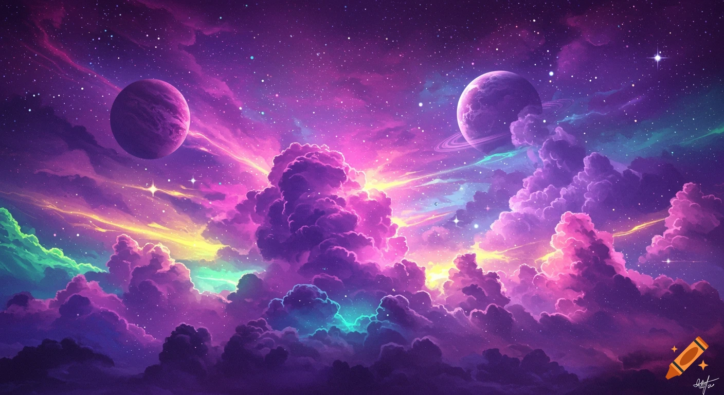 A vibrant cosmic space scene with purple, pink, and blue clouds, neon streaks, distant planets, and glowing stars.