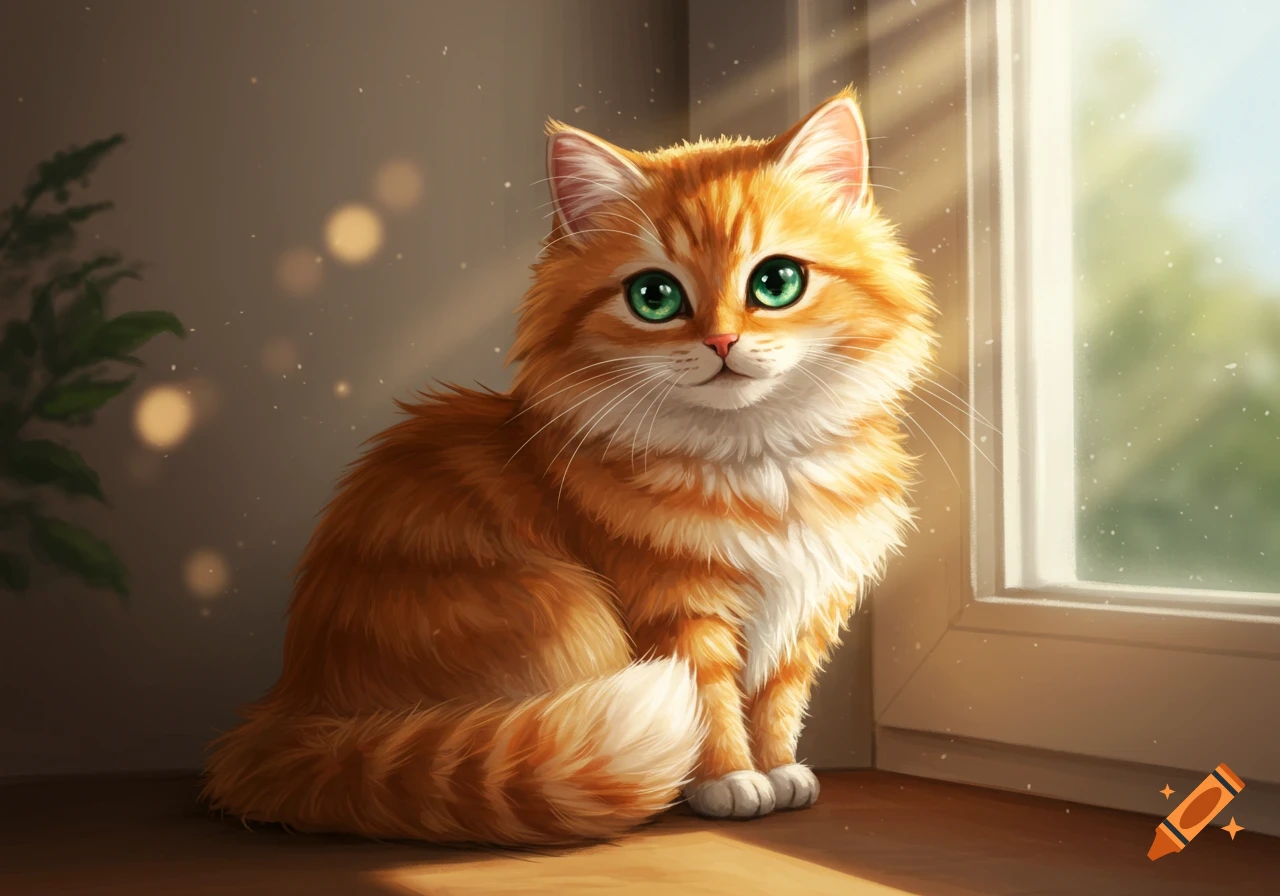 An orange and white fluffy cat with big green eyes sits by a window with sunlight streaming in.