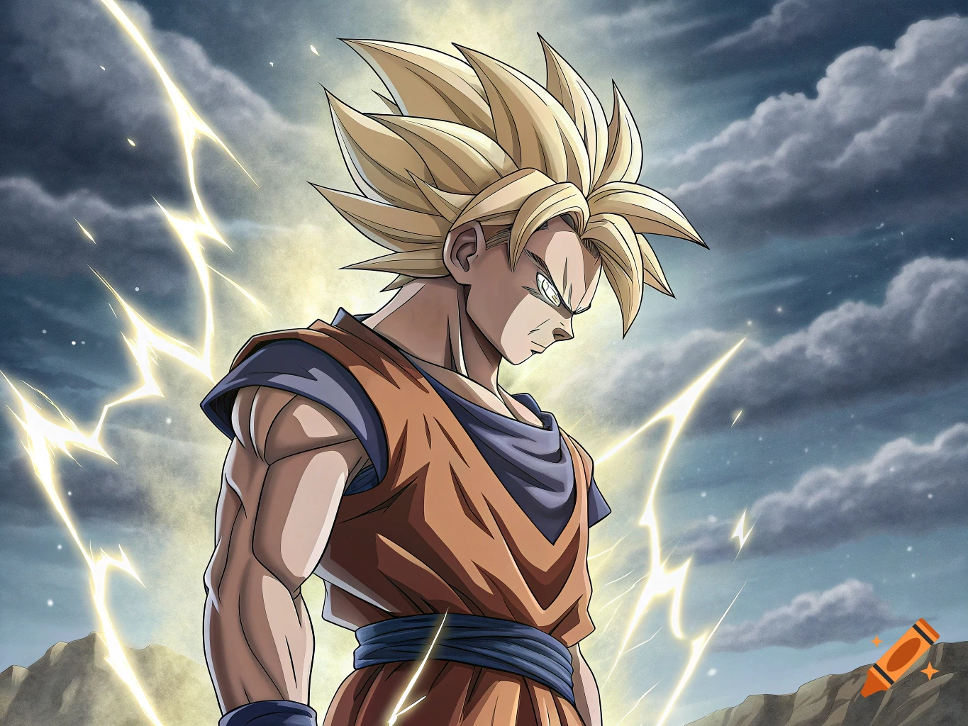 A powerful Super Saiyan character with spiky blonde hair stands surrounded by lightning against a stormy sky, in Dragon Ball Z style.