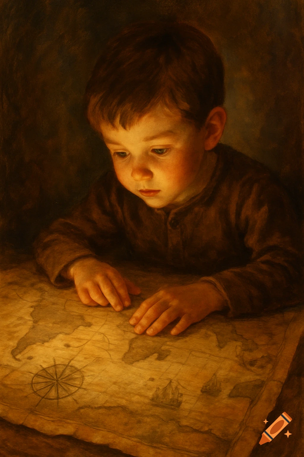 A young boy with reddish-brown hair intently studies an old map, illuminated by a warm glow in a dark, painterly setting.