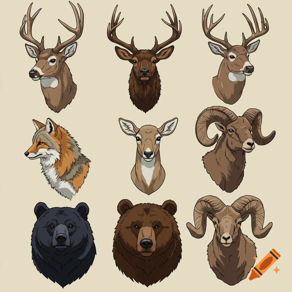 Nine vector illustrations of animal heads, including various deer, fox, coyote, bears, and bighorn sheep, against a plain background.